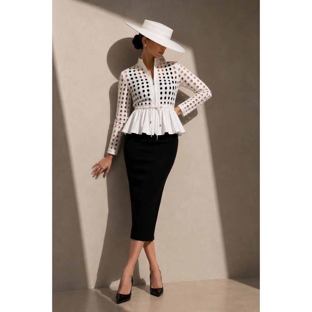 Gracia White Eyelet Cutout Peplum Jacket NWT Zip Front Cotton Blend Size S